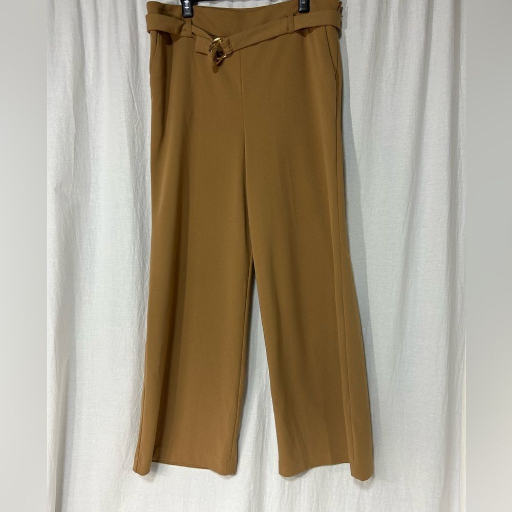 Calvin Klein size 14 gold beige wide leg slacks belted buckled high waisted
